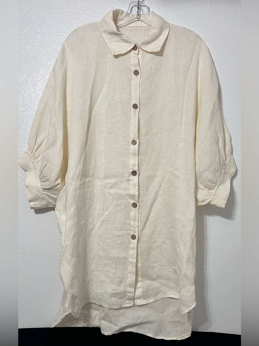 Made in Italy 100% Linen Oversized Tunic Shirt Ivory Button Front Lagenlook OS - Picture 2 of 6